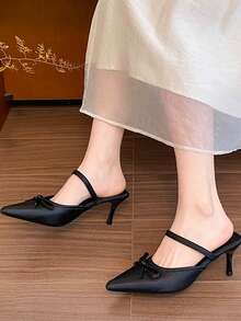 女士高跟尖头春夏新款闭趾凉鞋，咖啡棕色高跟闭趾穆勒鞋，蝴蝶结搭扣，办公室无后跟套脚高跟穆勒鞋 - 黑色 - 查看 5