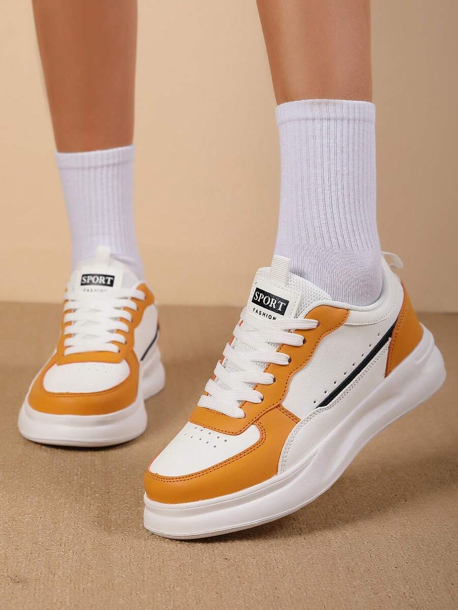 Women's Casual Minimalist Soft Bottom Lace-Up Round Toe Thick Sole Yellow Lightweight Comfortable Athletic Sneakers - Yellow - View 1