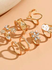7pcs/Set Minimalist Elegant Flower & Heart Rhinestone Ring Set, Suitable For Women, Couples, Friends, Vacation, Daily Wear, Wedding, Mother's Day Gift - Yellow Gold - View 5