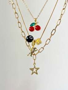 3pcs Leopard & Cherry Necklace Set, 8-BaII Billiard Dice Charm Necklace, Red Cherry Necklace, Fashionable Star Necklace, Classic Leopard Necklace - Vàng - Xem 1