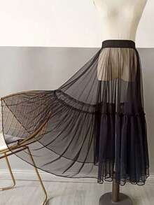 黑色薄纱网纱半身裙，多层透视薄纱拼接长裙，高腰拼接透视长裙，适合夏季、舞台表演、海滩、婚礼等场合。 - 彩色 - 查看 11
