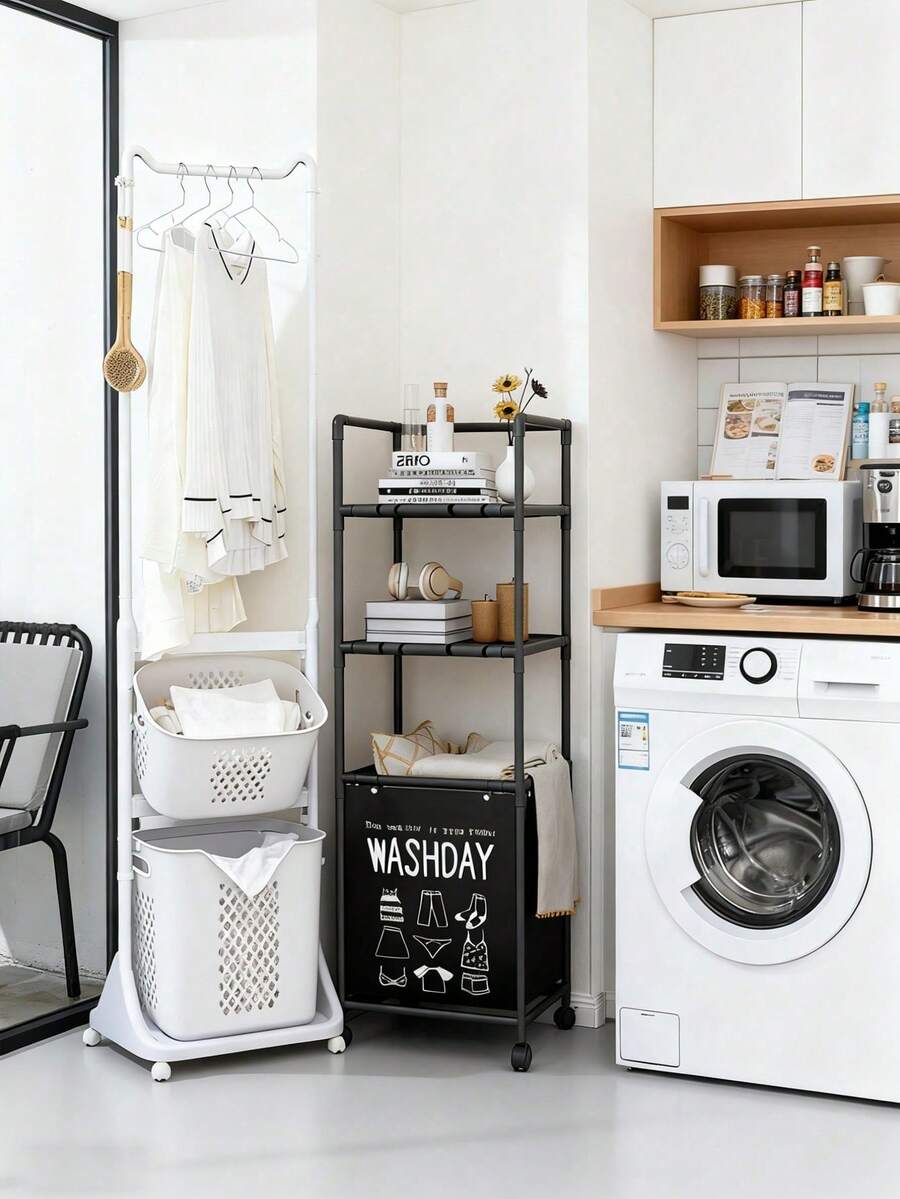1pcMultifunctional Laundry Cart With Wheels | 3-Tier Storage Shelf & Removable Laundry Basket | Rolling Organizer For Bathroom, Laundry Room, Bedroom - Multicolor - View 1