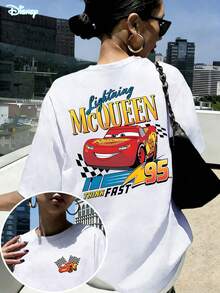 Disney Loose Fit "Lightning McQueen 95 THINK FAST" Lightning McQueen Racing Style Front And Back Printed T-Shirt, Suitable For Summer And Spring, Short Sleeved Top, Women's Clothing, Holiday Gift Party Clothing. - trắng - Xem 1