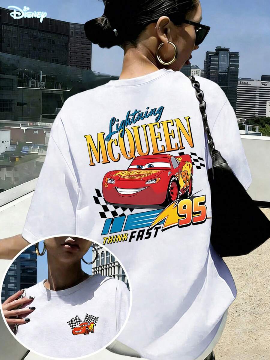 Disney Loose Fit "Lightning McQueen 95 THINK FAST" Lightning McQueen Racing Style Front And Back Printed T-Shirt, Suitable For Summer And Spring, Short Sleeved Top, Women's Clothing, Holiday Gift Party Clothing. - trắng - Xem 1