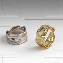 不对称凹凸面宽边女士戒指，镀金/镀银，独特波纹设计开口戒指 - 彩色 - 查看 4