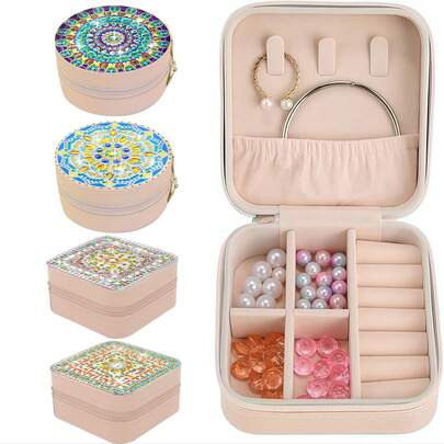 1件装钻石画首饰盒套装，曼陀罗花卉系列，无纺布材质，彩色不规则水晶钻石方形化妆包套装，适用于耳环、戒指、项链、手链收纳