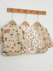 1pc Baby Kids Long Sleeve Bib With Food Catcher Soft PU Fabric Cartoon Pattern Print Smock For Toddlers 6-24 Months Infant Mealtime Essentials - Multicolor - View 1