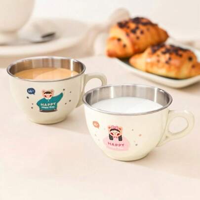 Kubek na wodę ze stali nierdzewnej 304 z uchwytem, uroczy, kreskówkowy wzór, kubek na kawę z mlekiem i podwójnymi ściankami, odłączany, izolowany, zapobiegający poparzeniom, odpowiedni dla uczniów i dorosłych do użytku w szkole, biurze, na kempingu, pikniku