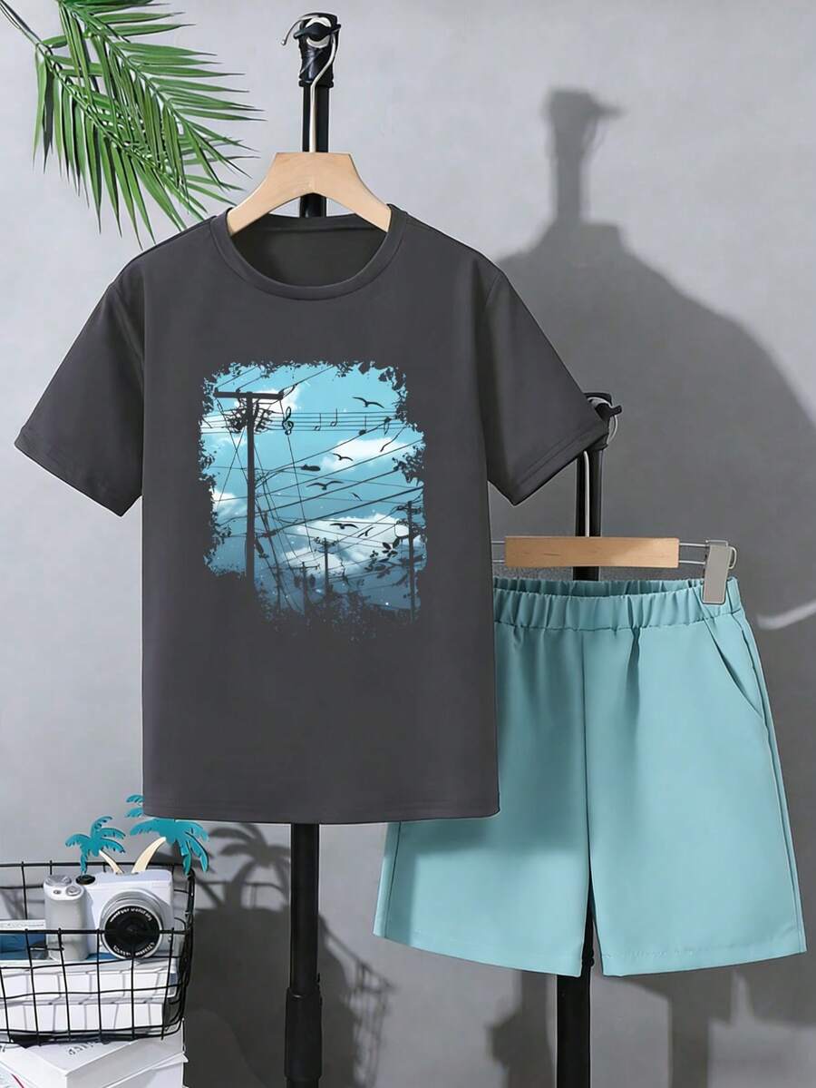 Bộ 2 món áo thun và quần short in hình bầu trời xanh và chim tự do cho bé trai, trang phục mùa hè thường ngày thời trang.