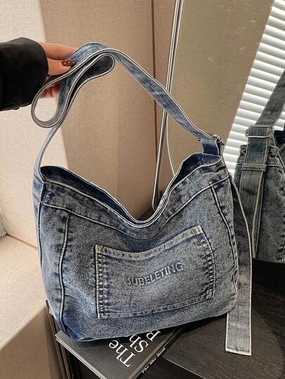 Nueva bolsa de hombro casual y elegante de lavado suave, inspirada en el streetwear, versátil, ideal para el trabajo, los desplazamientos, las compras y los viajes