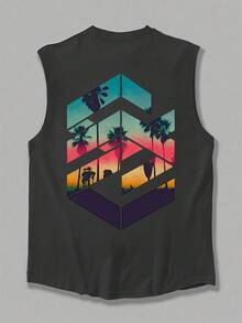 1件男士印花圆领休闲背心，夏季 - 深灰色 - 查看 3