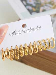 48 Pairs Fashionable Faux Pearl, Geometric & Twisted Hoop Earrings, Perfect For Parties, Dates, Gifts And Daily Wear - 黃金 - 查看 6