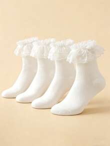 2pairs Cute Simple Lace Trim Mid-Calf Socks, Comfortable Material, For Daily Home & Outdoor Wear - White - View 7