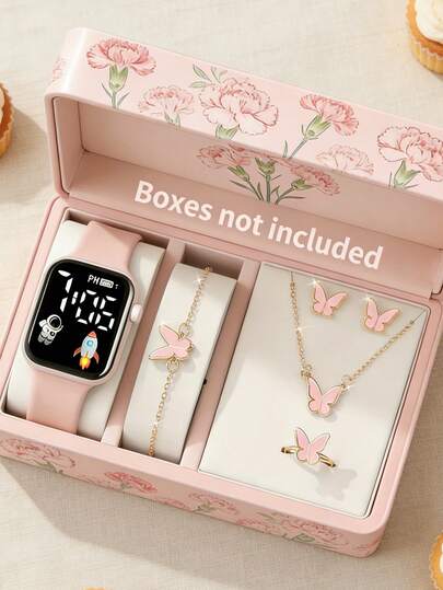 6/1-Piece Set. Fashionable, Simple, Elegant And Adorable. Suitable For Teen Girls To Wear. Square Digital Display Electronic Watch With Butterfly Jewelry, Necklace, Bracelet, Earrings And Ring. It Is Very Suitable For Girls To Wear. It Is Suitable For Wearing To Watch The Time At Parties, Parties, And When Going On Trips. It Is Also A Great Gift Choice For Friends/Mothers On Mother's Day, Back-To-School Season, And Wedding Season.