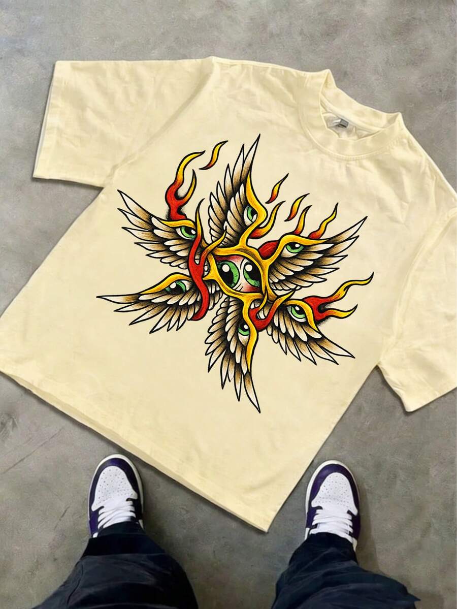 Boys & Teens' Casual Graphic Print Round Neck Short Sleeve T-Shirt, Summer Top - 杏色2 - 查看 1