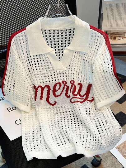 Women's Summer Couple Matching Oversized Short Sleeve Sweatshirt, English Letter Print Casual Loose Vibe Outerwear, Elegant Sheer Knit Cover-Up Top