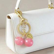 1pc Cherry Bag Charm Keychain, Car Cherry Accessory Keychain, Women's Bag Charm Gift, Valentine's Day Gift - Gold+Rose Pink - View 3