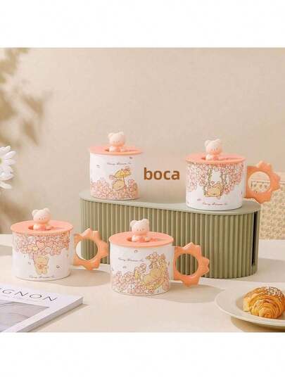 Taza de cerámica Linda con tapa, taza de café para mujer con cuchara, adecuada para uso en oficina y hogar, taza para desayuno, regalo sencillo de estilo ins.