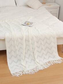 1 pieza Manta de sofá cuadrada pequeña de doble color a cuadros tejida, manta rectangular casual de poliéster con flecos, adecuada para la siesta en la oficina y el uso diario - Tela de rizo blanca con ondas - Ver 2