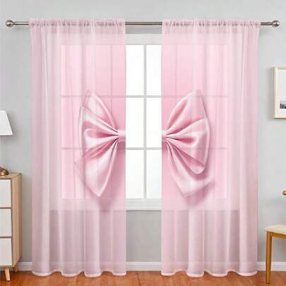 2片粉色蝴蝶结装饰薄纱窗帘，2D平面印花，半透明，甜美可爱风格，适合女孩卧室、客厅和卧室。