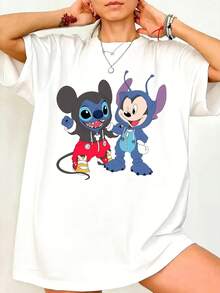 Disney Official Authorization, Women's Casual Cotton Round Neck Short Sleeve Regular Length T-Shirt With Stitch And Mickey Mouse Print, Breathable And Light, Suitable For Sports And Leisure Wear, Suitable For Gifts, Suitable For Parties. - White - View 1