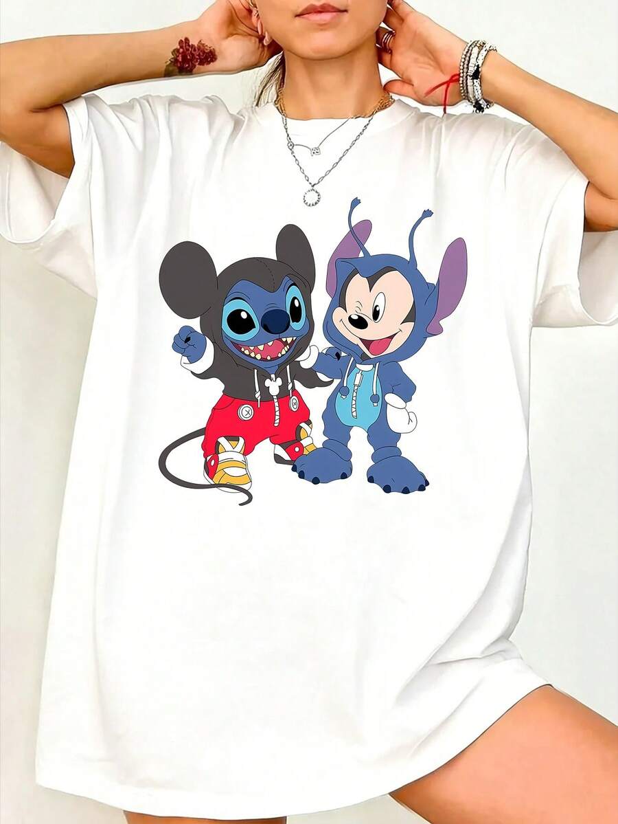 Disney Official Authorization, Women's Casual Cotton Round Neck Short Sleeve Regular Length T-Shirt With Stitch And Mickey Mouse Print, Breathable And Light, Suitable For Sports And Leisure Wear, Suitable For Gifts, Suitable For Parties. - White - View 1
