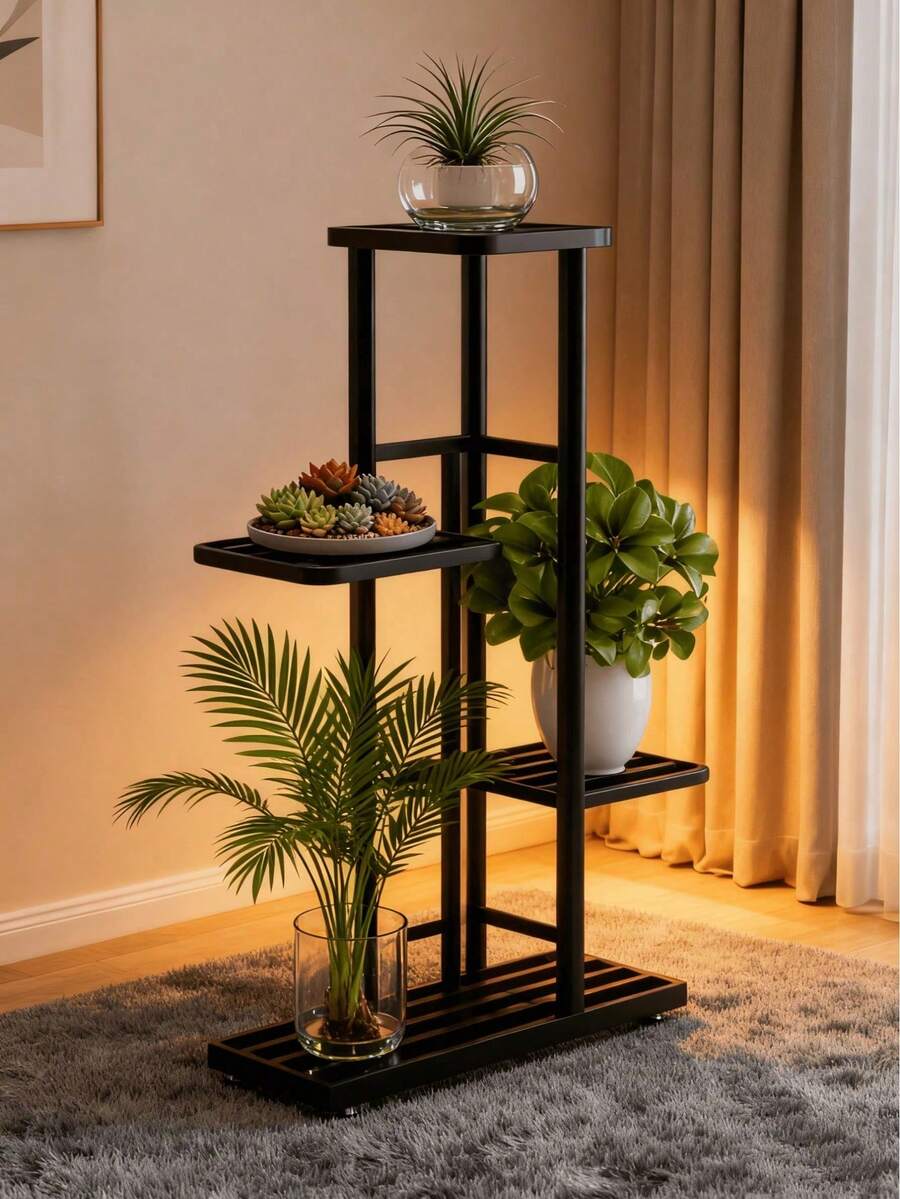 SHENGMAO 1 Piece, 4-Tier Wrought Iron Flower Stand, Perfect For Balconies, Succulent Plants, And Home Decor, Easy Assembly Plant Rack For Indoor And Outdoor Gardens - Black - View 1