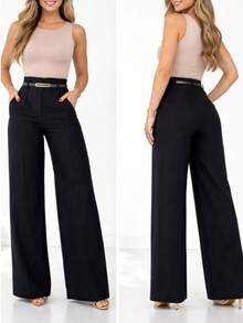 Women's Tailored Pants With Belt Pockets Formal Pantaloons Simple Elegant Composite Fabric Zipper Pocket With Belt Women's Winter - 黑色 - 查看 2