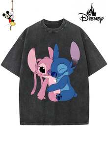 Disney-Licensed Men's Cotton T-Shirt For The 2026 Family Holiday. Featuring A Stitch Motif, Washed Crew Neck, Soft And Comfortable Feel, Easy Care And Suitable For Various Occasions Such As Holidays, Everyday Life And Commuting – Full Of Festive Spirit. - 黑色 - 查看 1