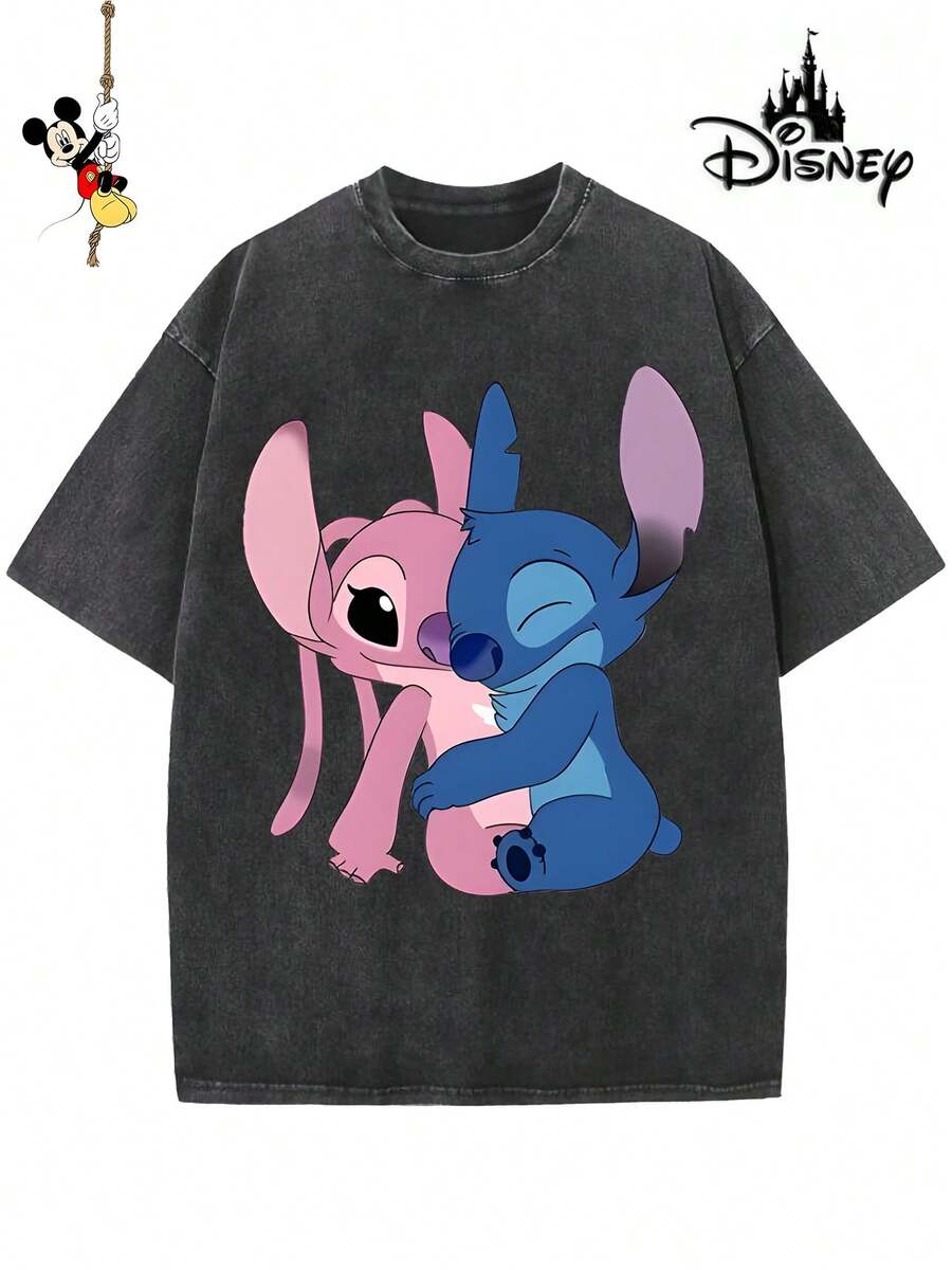 Disney-Licensed Men's Cotton T-Shirt For The 2026 Family Holiday. Featuring A Stitch Motif, Washed Crew Neck, Soft And Comfortable Feel, Easy Care And Suitable For Various Occasions Such As Holidays, Everyday Life And Commuting – Full Of Festive Spirit. - 黑色 - 查看 1