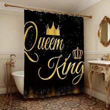 奢华黑金国王和王后皇冠图案浴帘，防水防霉涤纶材质，现代时尚浴室装饰配件，带挂钩，加厚隐私帘，适用于淋浴房和浴缸，易于安装、清洁、快干，时尚皇家图案，不褪色防水，必备浴室配件 - 黑黃 - 查看 6
