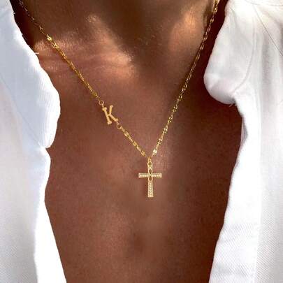 1pc New Fashion Initial Cross Pendant Golden Stainless Steel Lip Chain Necklaces For Women