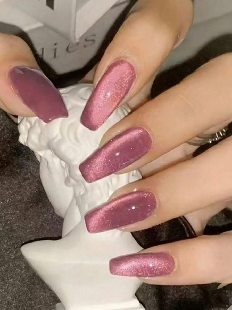 24pcs Y2K Long Coffin Shaped Aesthetic Crystal Cat Eye Nail Stickers, Perfect Fit, Red Cat Eye Acrylic False Nails Set Includes 1pc Jelly Gel And 1pc Nail File, Suitable For Women & Girls Daily Wear, Rave Party Manicure Supplies - Coral Pink - View 1