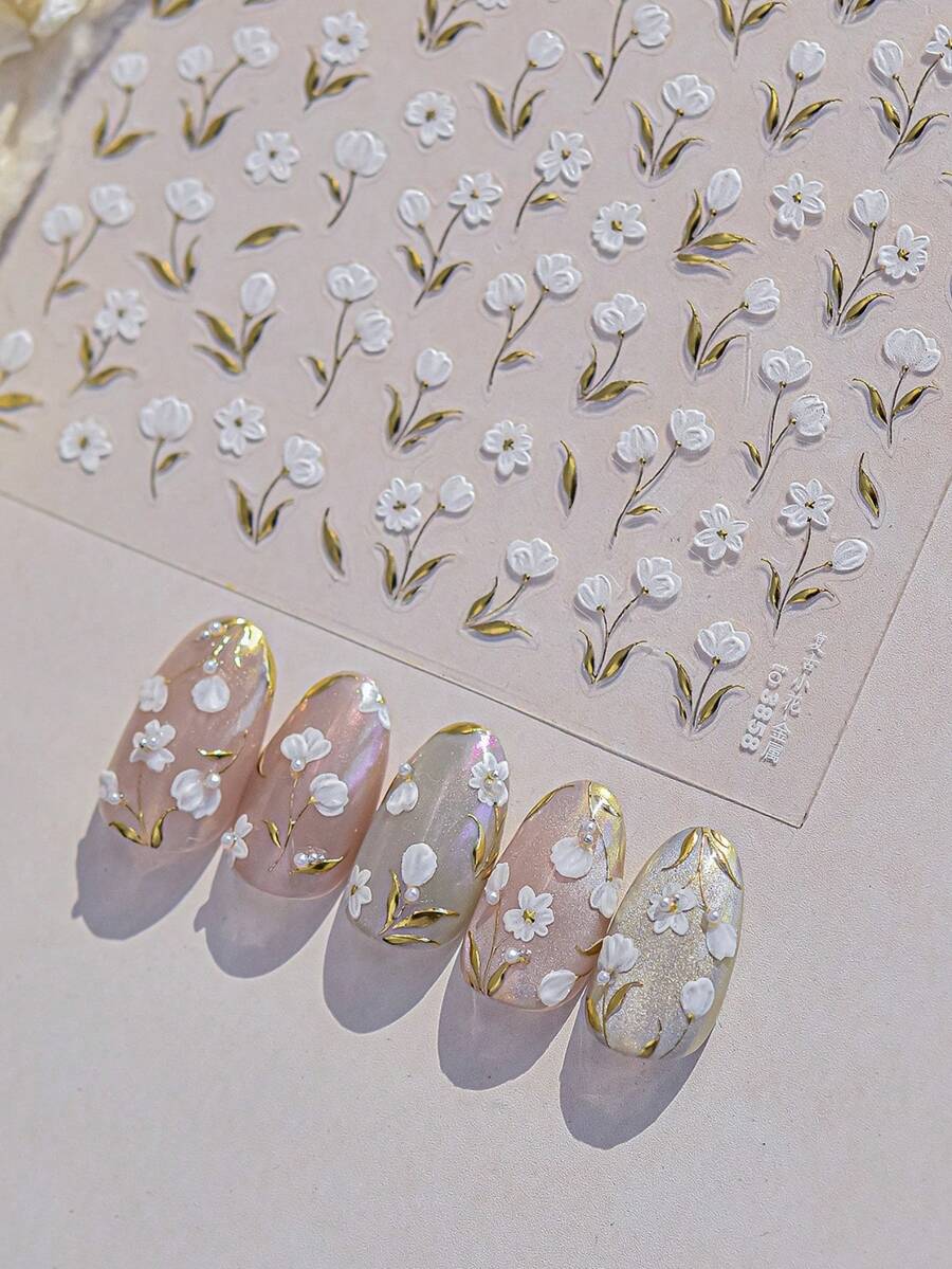 1pc 5D Embossed Self-Adhesive Nail Sticker, Gold Foil Leaf & Magnolia Flower Spring Nail Art Decals, Versatile Retro Small Flower Nail Sticker Supplies - Multicolor - View 1