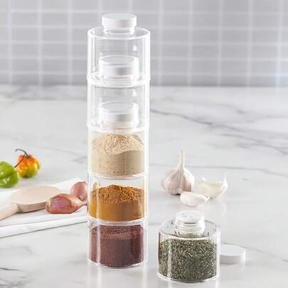 6pcs Stackable Spice Jars, Suitable For School & Seasonal Use, Space-Saving Material Design, White Kitchen Storage Containers, Stackable Spice Tower Design