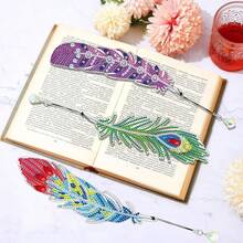 6 chiếc bookmark tranh đính đá, họa tiết lông vũ, chất liệu PET, đính đá pha lê một mặt, thiết kế đá quý tròn, thích hợp làm quà tặng tựu trường, quà tặng Lễ Tạ ơn. - Xem 9