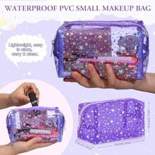 Aliceset - 2 bolsas grandes de maquillaje de estrellas transparentes de 12 x 5 x 8 pulgadas bonita bolsa de cosméticos con asa y bolsa de maquillaje mediana impermeable de PVC bolsa de - Púrpura - Ver 3