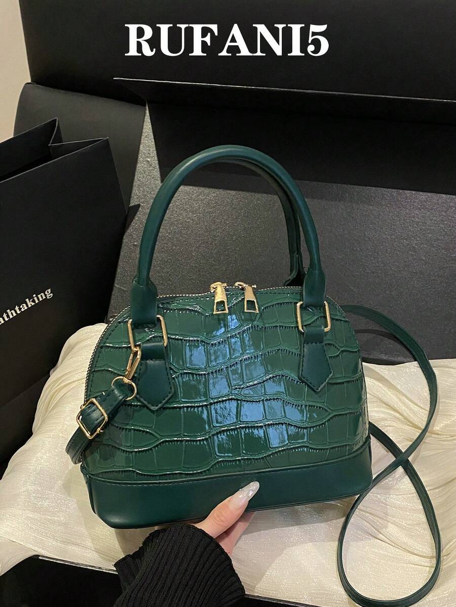 Fashionable Solid Color Crocodile Embossed Handbag - Green - View 1