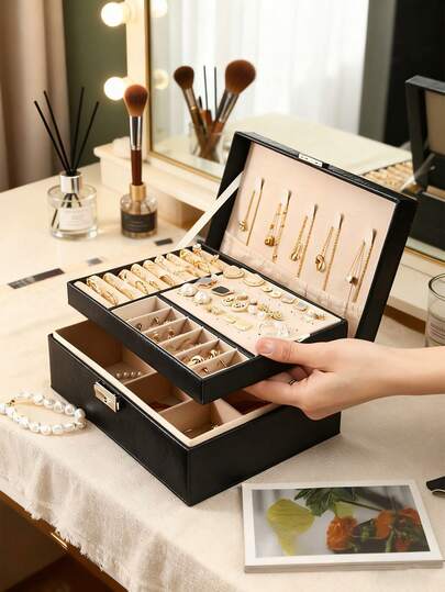 1个带锁首饰盒，现代双层首饰收纳盒 - 大容量PU皮革收纳盒，可存放耳环、项链等 - 可拆卸隔层，带锁封闭式首饰盒，适合女性旅行，便携式PU皮革首饰盒，可存放项链、耳环、戒指、手镯，小巧精致的首饰盒，适合送给青少年、女孩、妈妈和女儿，女士和女孩的首饰盒，皮革首饰盒，情人节、圣诞节、新年、生日礼物