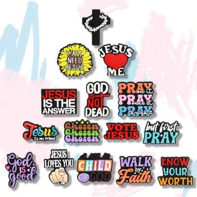 15pcs Religious Theme Charms, Classic & Unique, Inspiring Endless Creative Inspiration. Suitable For DIY Decoration, Whether Decorating Shoes, Bags, Bracelets, Or As Party Gifts, Holiday Decorations, Birthday Small Gifts, Can Showcase Unique Personalized Basic Cute Beach Style