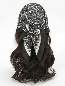 26.77 Inch Silk-Like Printed Square Scarf, 68cm Women's Fashion Breathable Multifunctional Headband Neckerchief Accessory, 1pc - Black - View 4