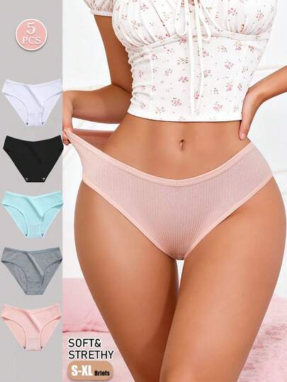 5条装女士舒适三角裤，罗纹V腰设计，弹力面料，性感低腰内裤，柔软纯色，简约风格，适合日常穿着