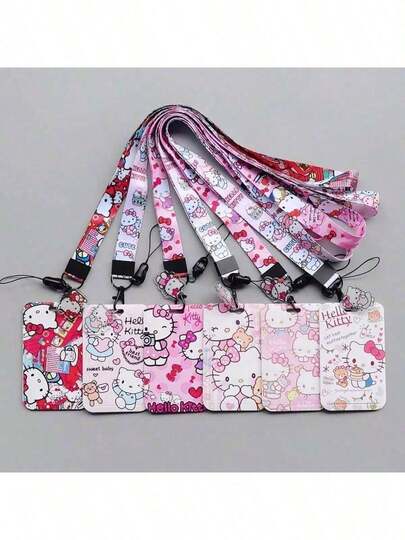 2 piezas Set, Cordón + Portador de Tarjeta [Licenciado] Clip de Foto del Campus de Hello Kitty, Tarjeta de Papelería Estudiantil, Correa Tejida para Tarjeta de Autobús, Llavero Caja de Almacenamiento, Estuche Protector de Dibujos Animados Estudiantil, Tarjeta de Tránsito, Colgante de Cordón Largo Transparente para Pareja