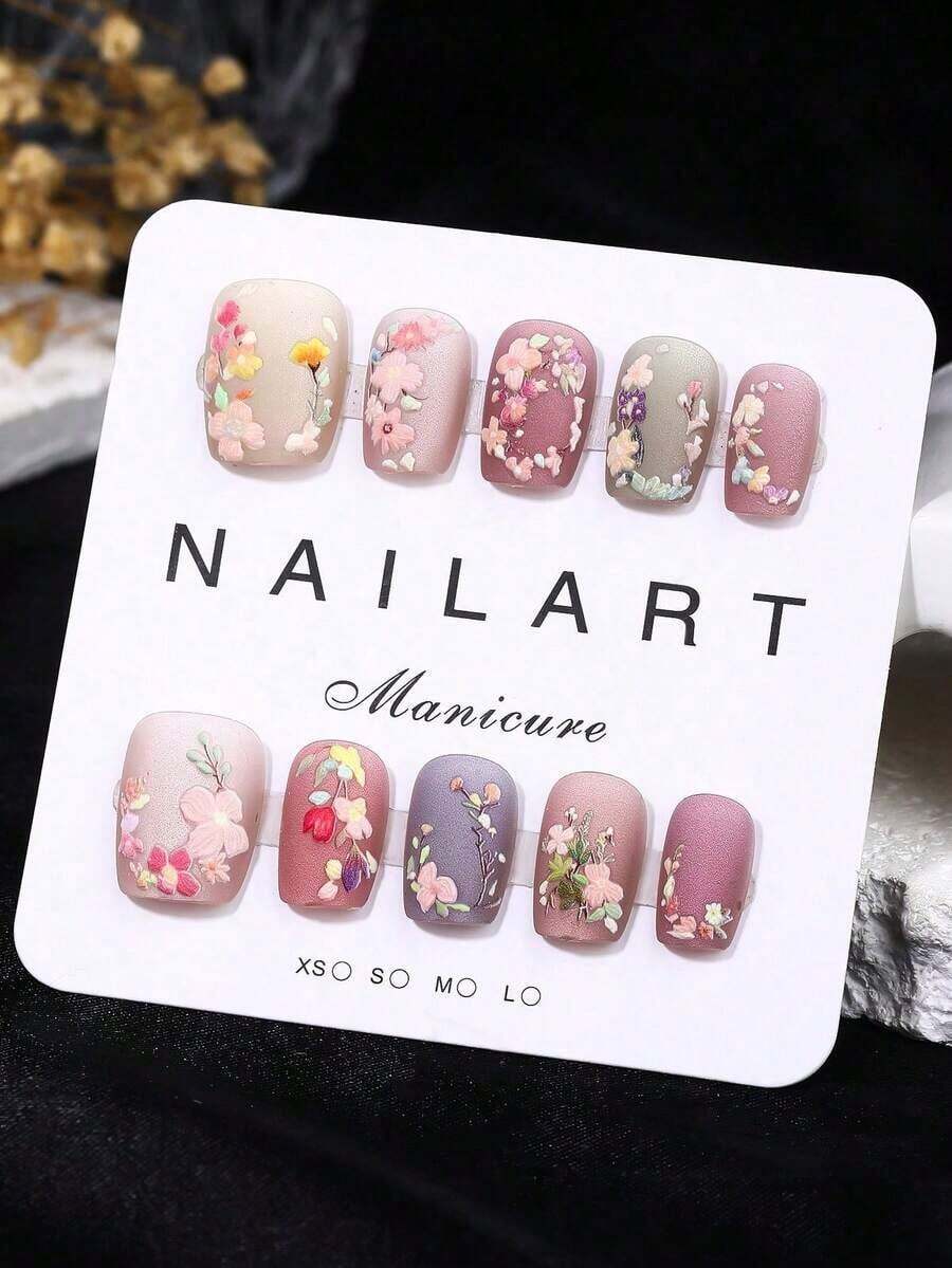 Purely Handmade Nail Art, 10-Piece Set, Pink, Short Trapezoid, Beauty, Fragrance Style, French Tip Nails, Press On Nails, New Years Nails, Valentines Nail, Uv Light Nails, Summer Nails, Matte Manicure, Wearable Nail Art, Elegant And Generous Design Nail Supplies Nails - SG2-551 - 查看 1
