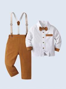 BOARNSEORL 2 piezas Conjunto de caballero para niños pequeños - Camisa blanca con pajarita y pantalones con tirantes caqui, elegante y apropiado para baby shower, fiesta de cumpleaños, boda, atuendo formal de pajecito - Caqui - Ver 1