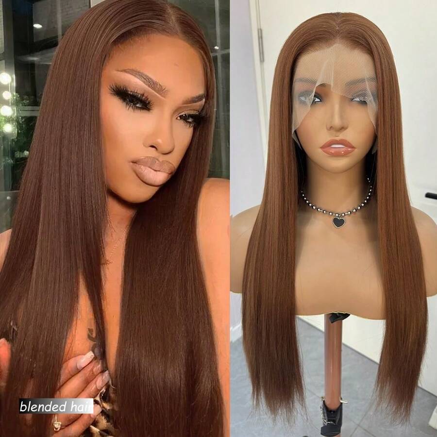 Straight Lace Front Wigs Human Blended Hair 13x4 Lace Frontal Wigs 180 Density Unprocessed Brazilian Straight Virgin Human Blended Hair Wigs Pre Plucked With Baby Hair For Women 8-36 Inch Brown - Brown - View 1