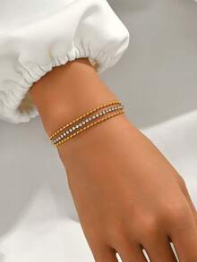 LIEBEIRIS 1pc 18K Gold Plated Zirconia Triple-Layer Stainless Steel Bracelet, Suitable For Daily Wear And Gift - Yellow Gold - View 2