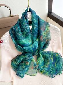 1条绿色雪纺围巾，女士款，轻盈百搭，春秋皆宜，艺术旅行防晒披肩颈巾 - 綠色 - 查看 4