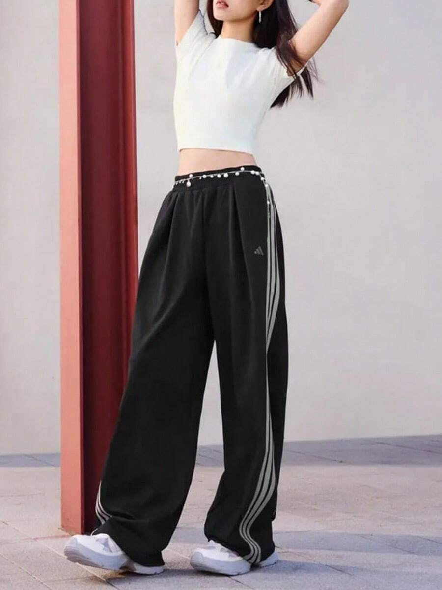 Adidas Dance INTERLOCK PANT Three-Striped Dance Series Loose-Fitting Drawstring Banana Pants Twist Pants Women's - Black - View 1