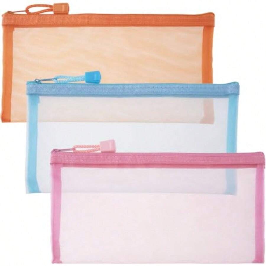 3 bolsas de maquillaje de malla pequeñas bolsas de maquillaje de malla con cierre bolsa de cosméticos portátil para mujer bolso de lápiz labial llaves artículos esenciales tarjetas - Naranja rosa y azul - Ver 1
